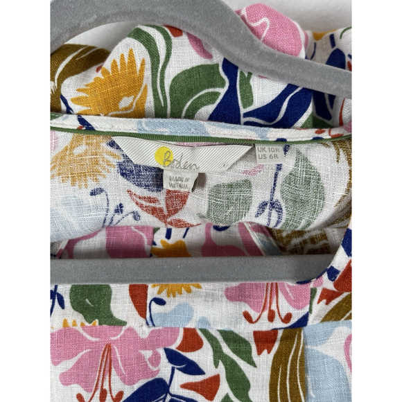 Boden 6 Linen Dress Floral Long Sleeve Short Cinched Waist - Picture 5 of 8